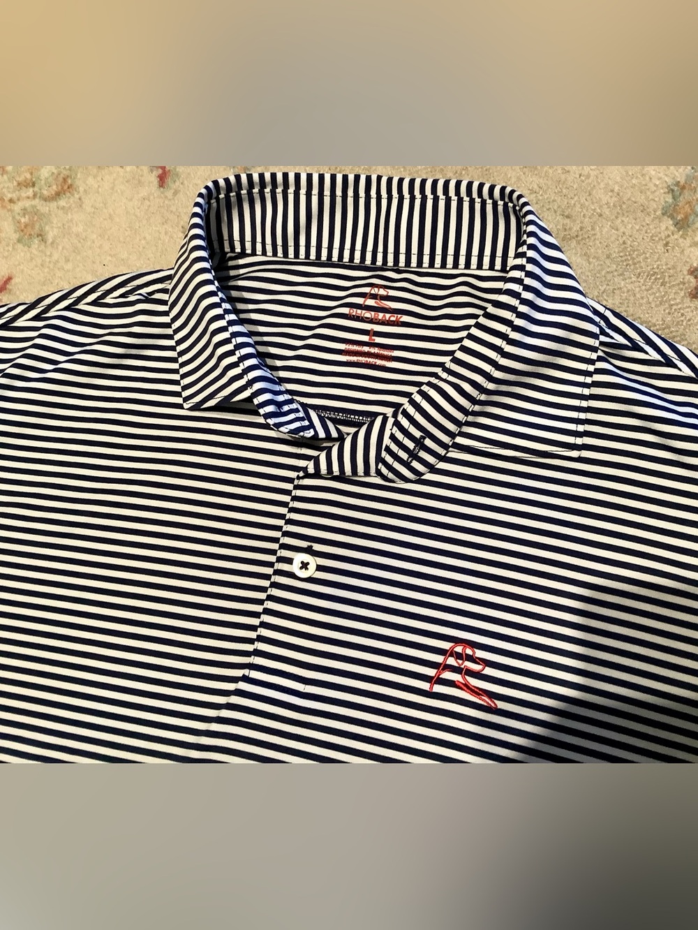 Rhoback Navy and White Striped Polo with Logo Sz Large - EUC